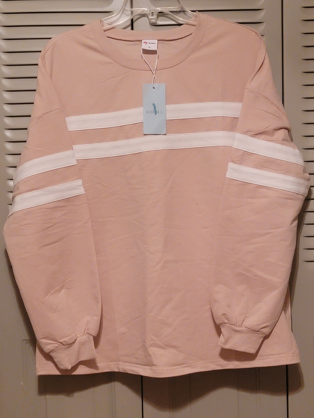 WINDLLE Light Blush Crewneck Sweater with White Stripe Detail